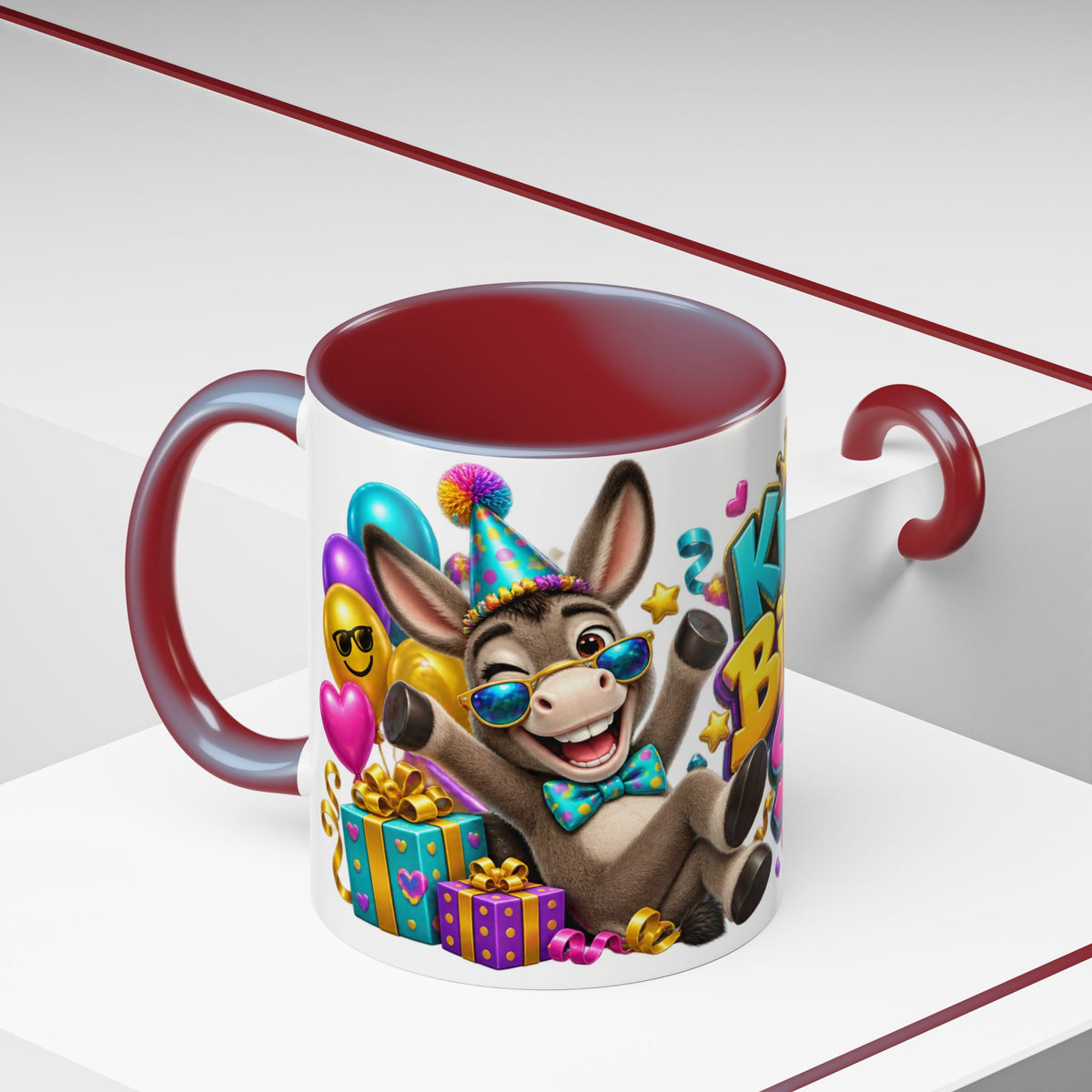 Kickin’ It Birthday Style Donkey White Mug – Funny Happy Birthday Party Cup, Cute Colorful Gift