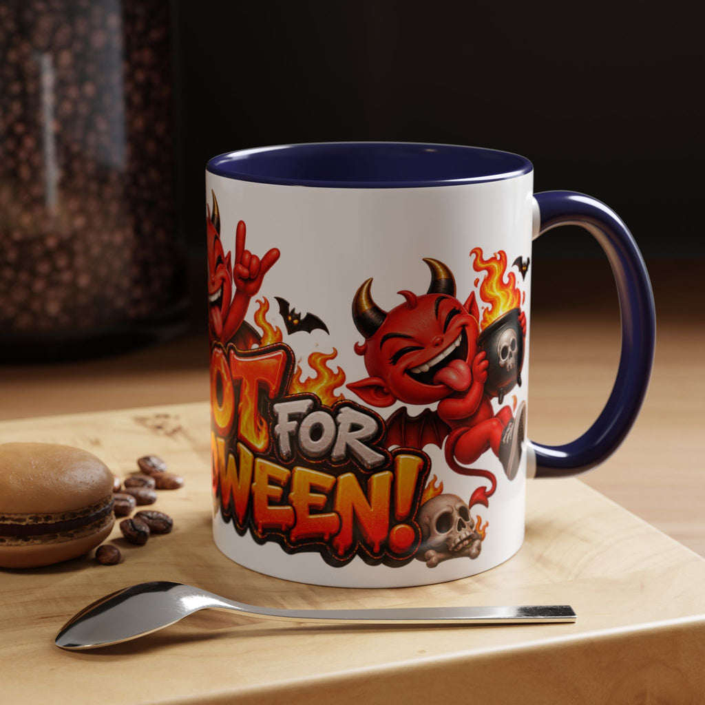 Too Hot for Halloween White Mug – Funny Devils, Flames & Spooky Design