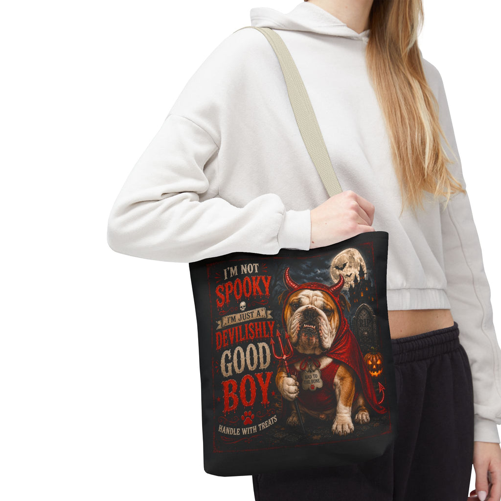 Halloween Bulldog Tote Bag — "I'm Not Spooky, I'm Just a Devilishly Good Boy"
