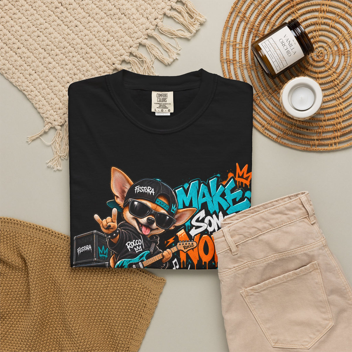Make Some Noise Rocco Graphic T-Shirt — Streetwear Rock Dog Tee