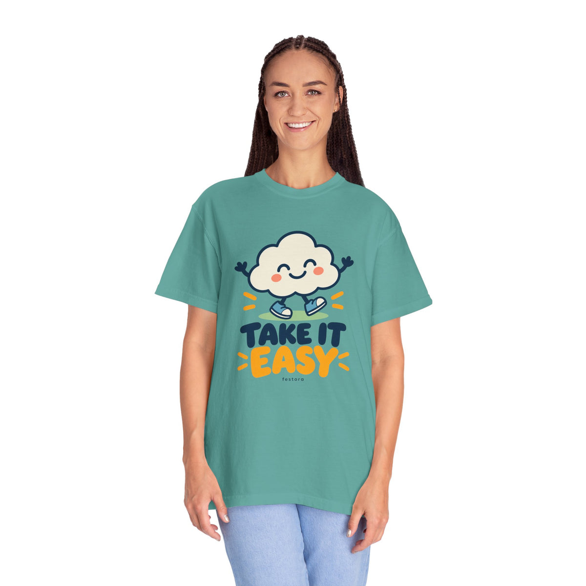Take It Easy – Happy Cloud Graphic T-Shirt | Festora Everyday