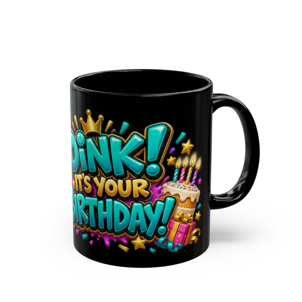 Oink! It’s Your Birthday Black Mug – Funny Pig Birthday Cup, Colorful Party Gift