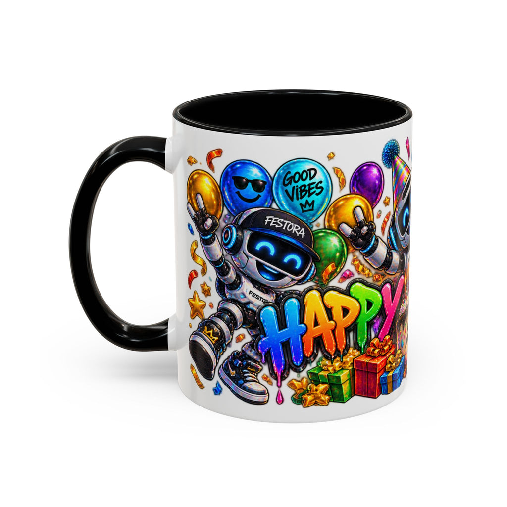 Birthday Robot Coffee Mug — Colorful Happy Birthday Accent Mug (11oz)