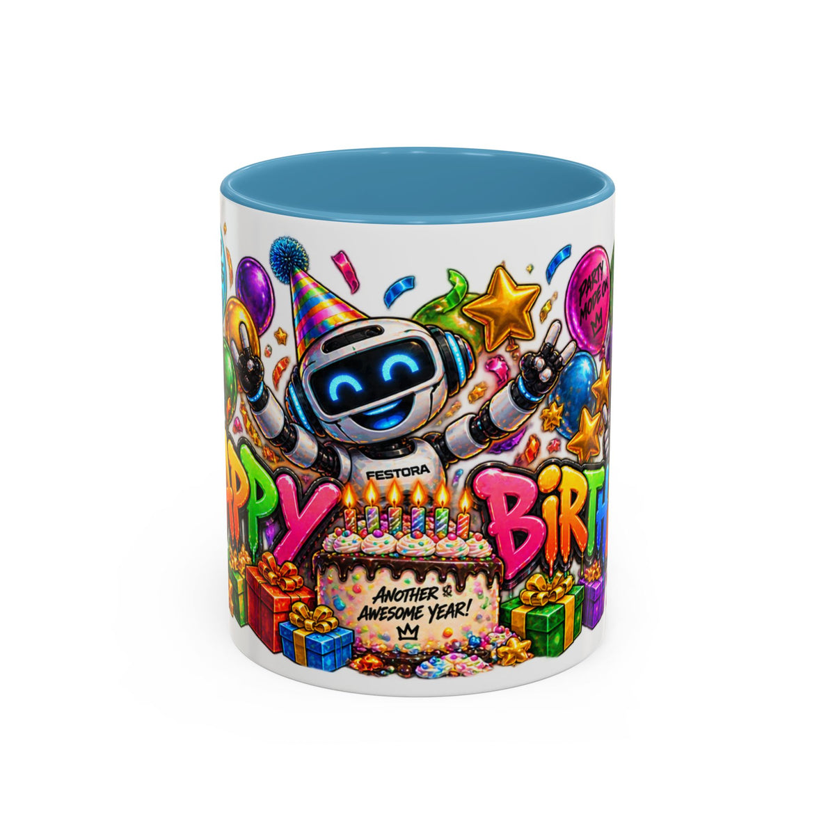 Birthday Robot Coffee Mug — Colorful Happy Birthday Accent Mug (11oz)