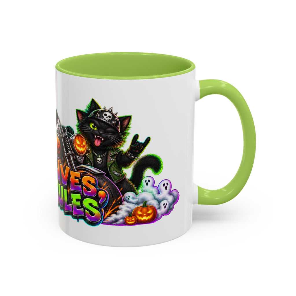 Nine Lives Zero Rules Biker Cats Halloween White Mug