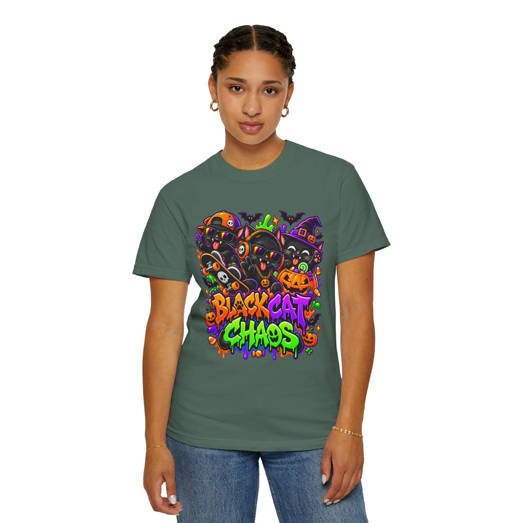 Neon Black Cat Halloween Chaos T-Shirt | Cute Spooky Cat Graphic Tee