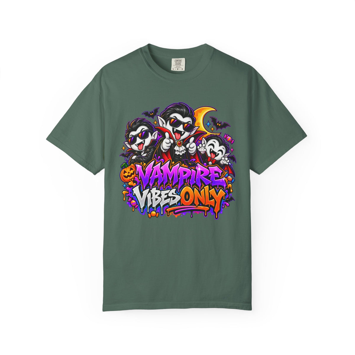 Neon Vampire Vibes Halloween Unisex Garment-Dyed T-Shirt Featuring a Cool Festora Vampire Crew