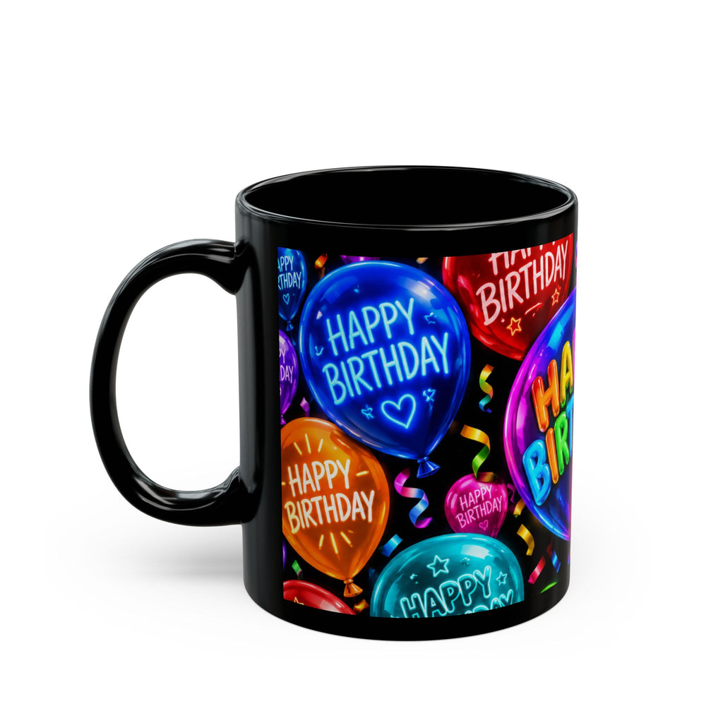 Happy Birthday Balloon Black Mug — Colorful Celebration Coffee Cup (11oz/15oz)