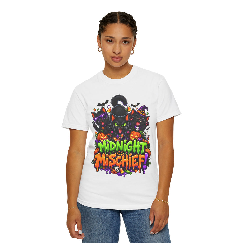 Midnight Mischief Halloween T-Shirt – Funny Black Cat Graphic Tee