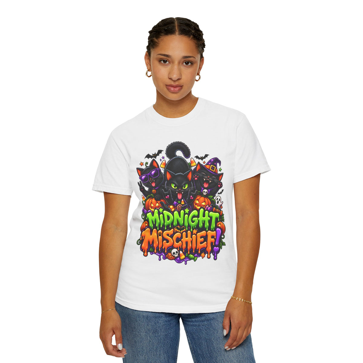 Midnight Mischief Halloween T-Shirt – Funny Black Cat Graphic Tee