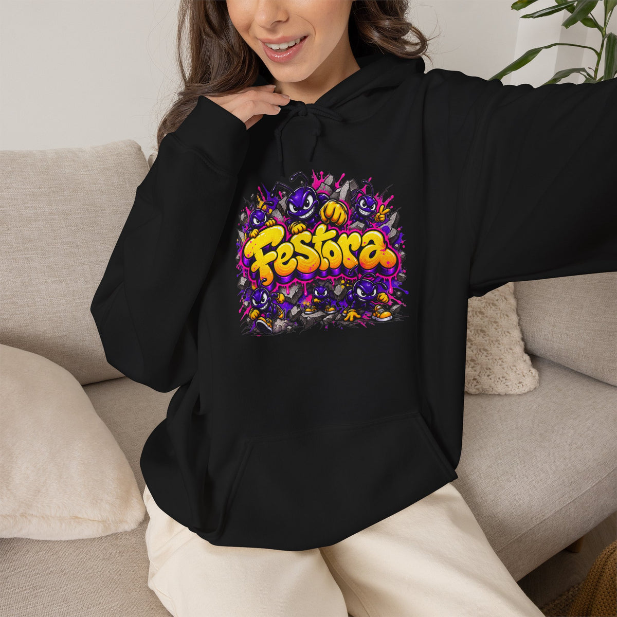 FesTora Festival Hoodie — Colorful Neon Party Graphic Hooded Sweatshirt