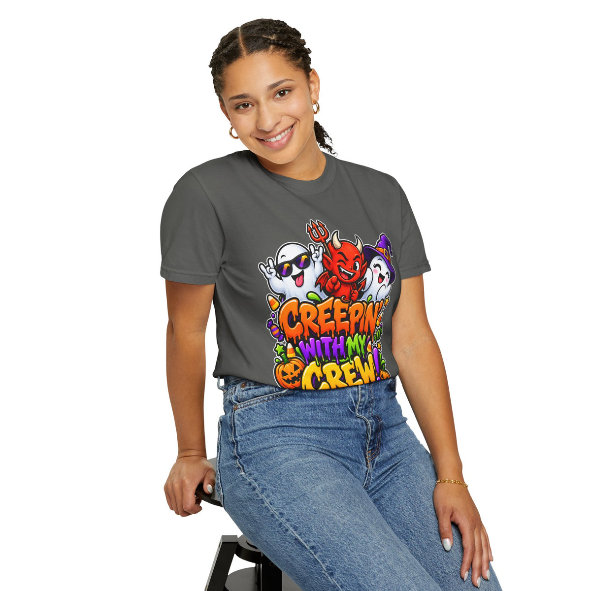 Creepin’ With My Crew Halloween T-Shirt – Colorful Funny Ghost & Devil Graphic Tee