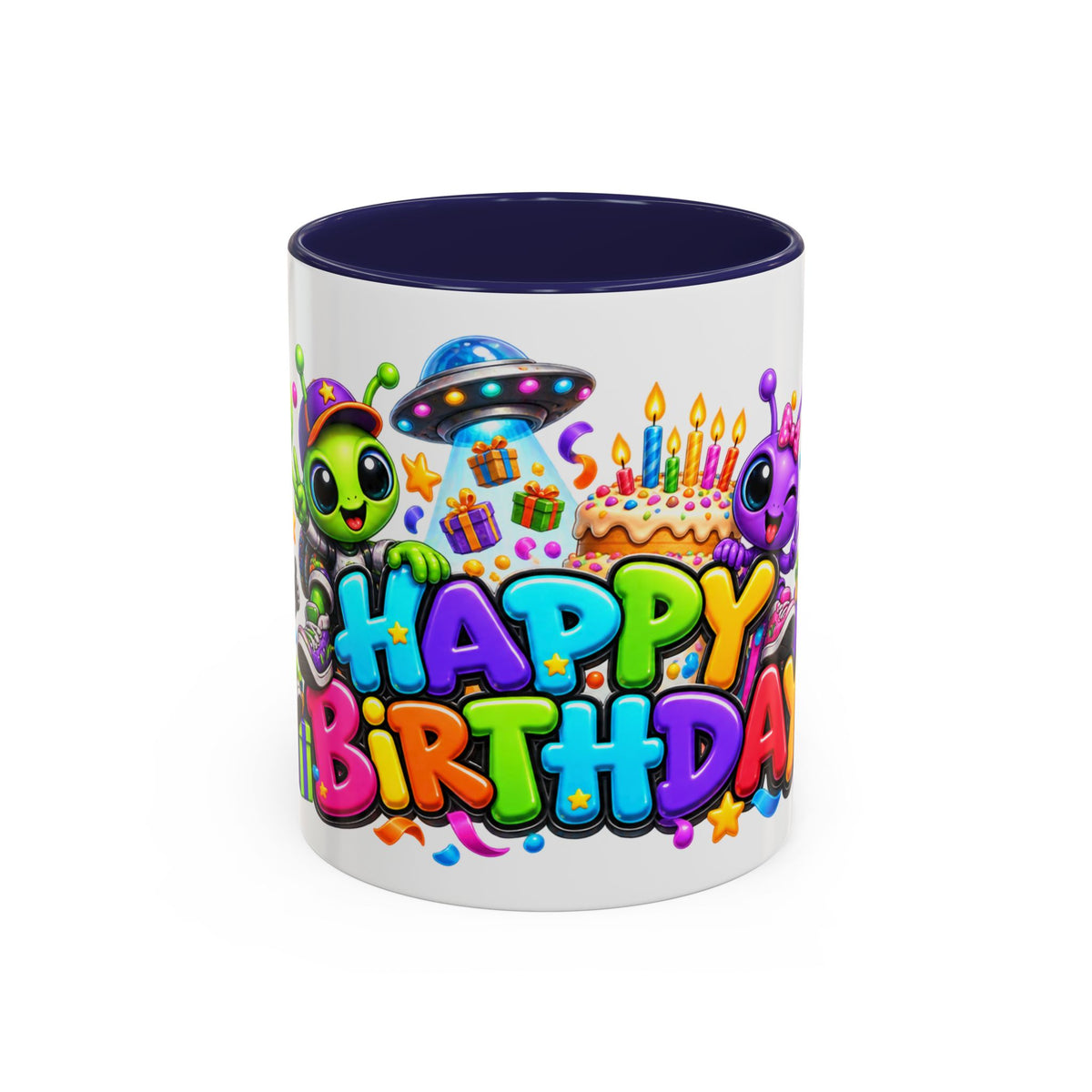 Happy Birthday Space Party Mug – Cute Aliens, Robots, UFO & Colorful 3D Birthday Design