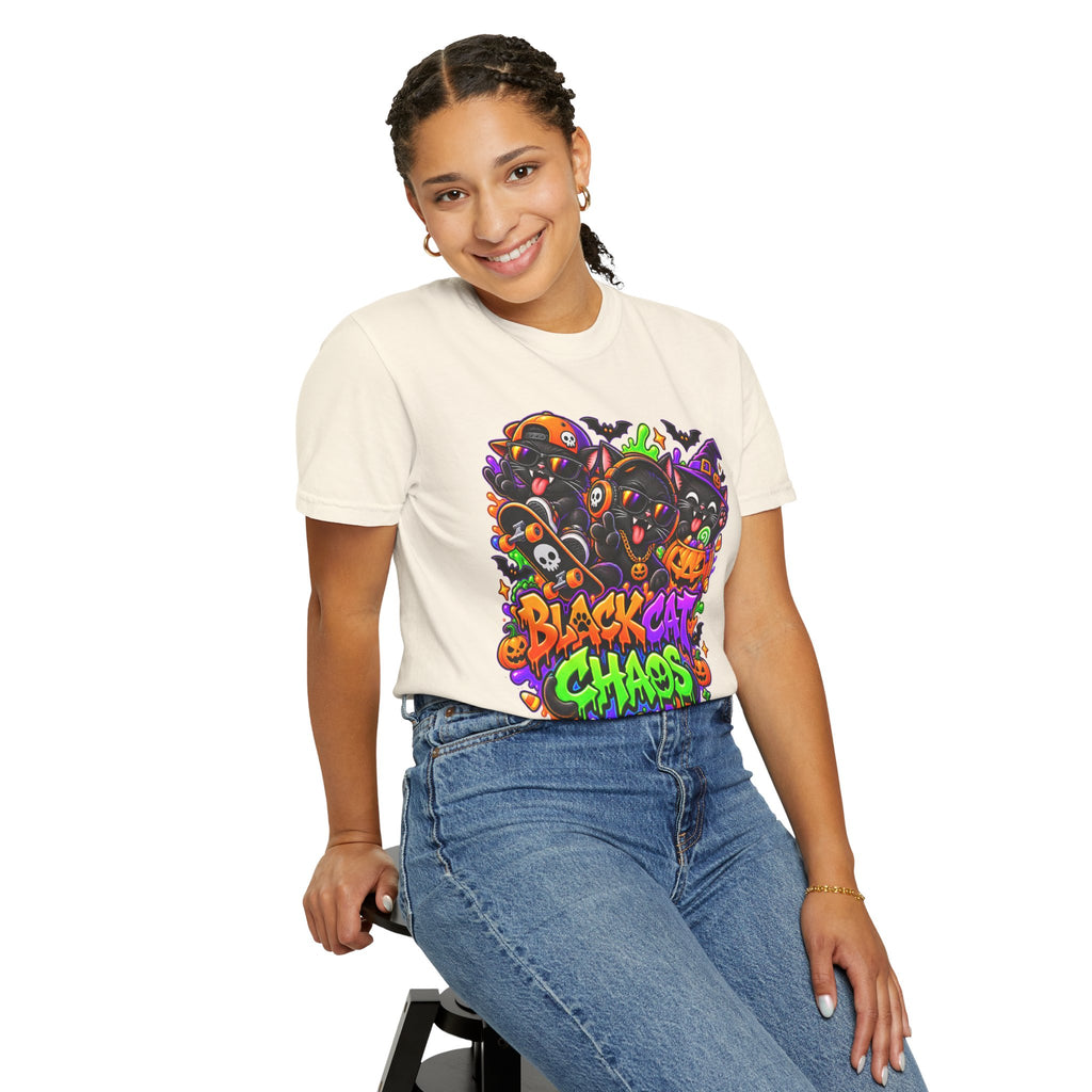 Neon Black Cat Halloween Chaos T-Shirt | Cute Spooky Cat Graphic Tee
