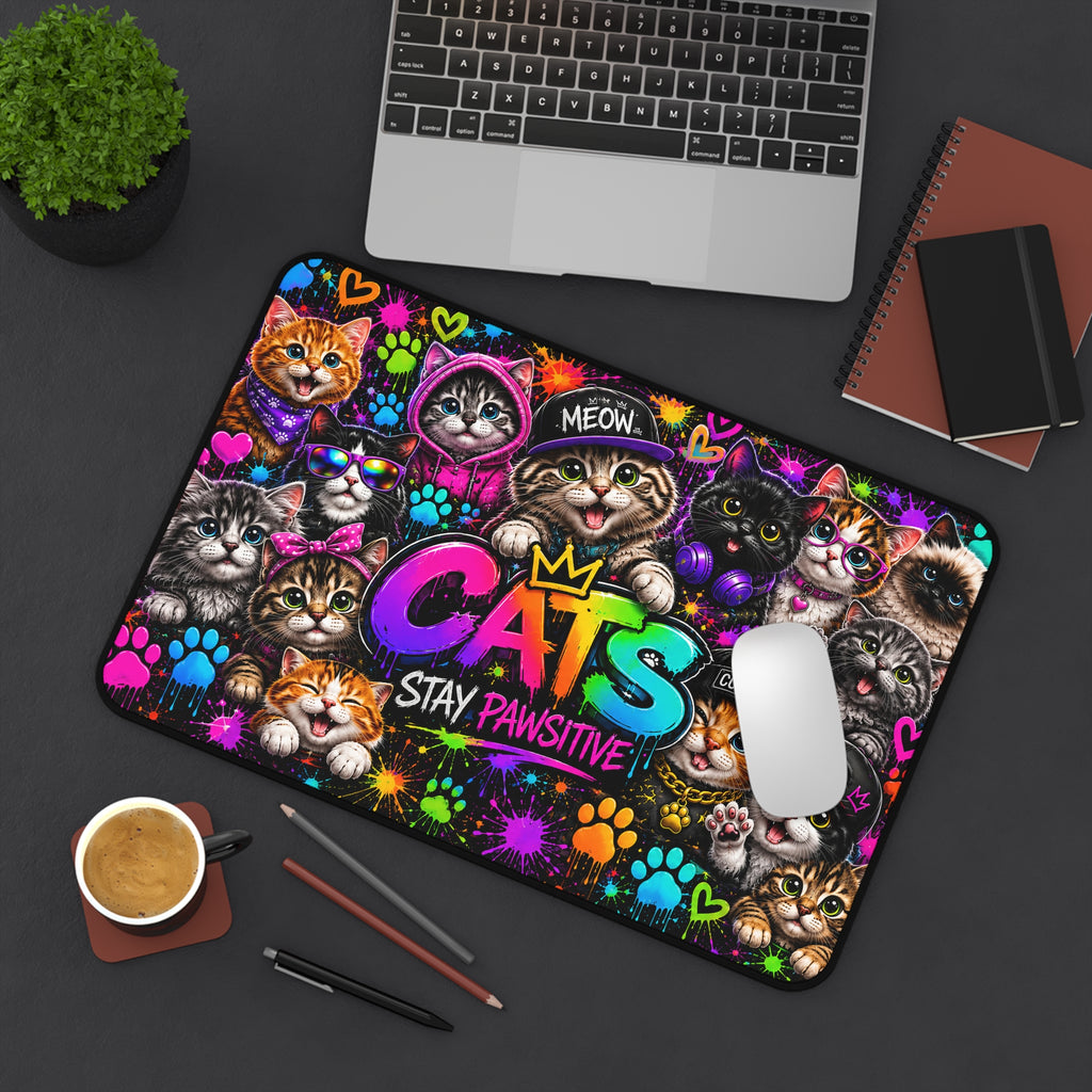 Cats Stay Pawsitive Desk Mat — Colorful Cute Cat Keyboard Pad