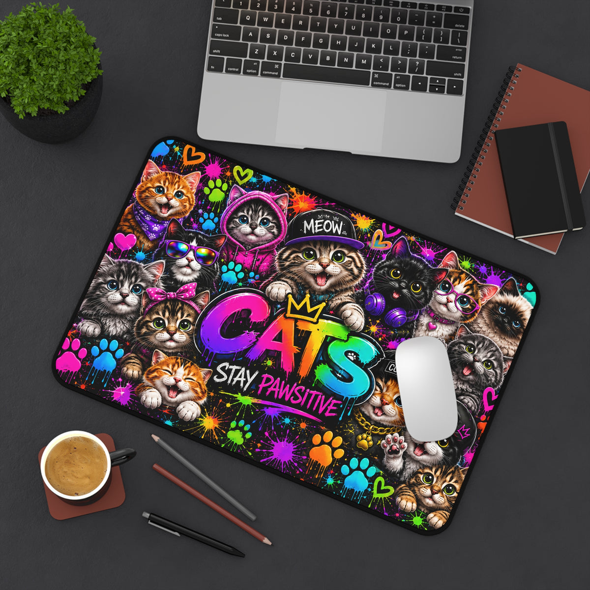 Cats Stay Pawsitive Desk Mat — Colorful Cute Cat Keyboard Pad