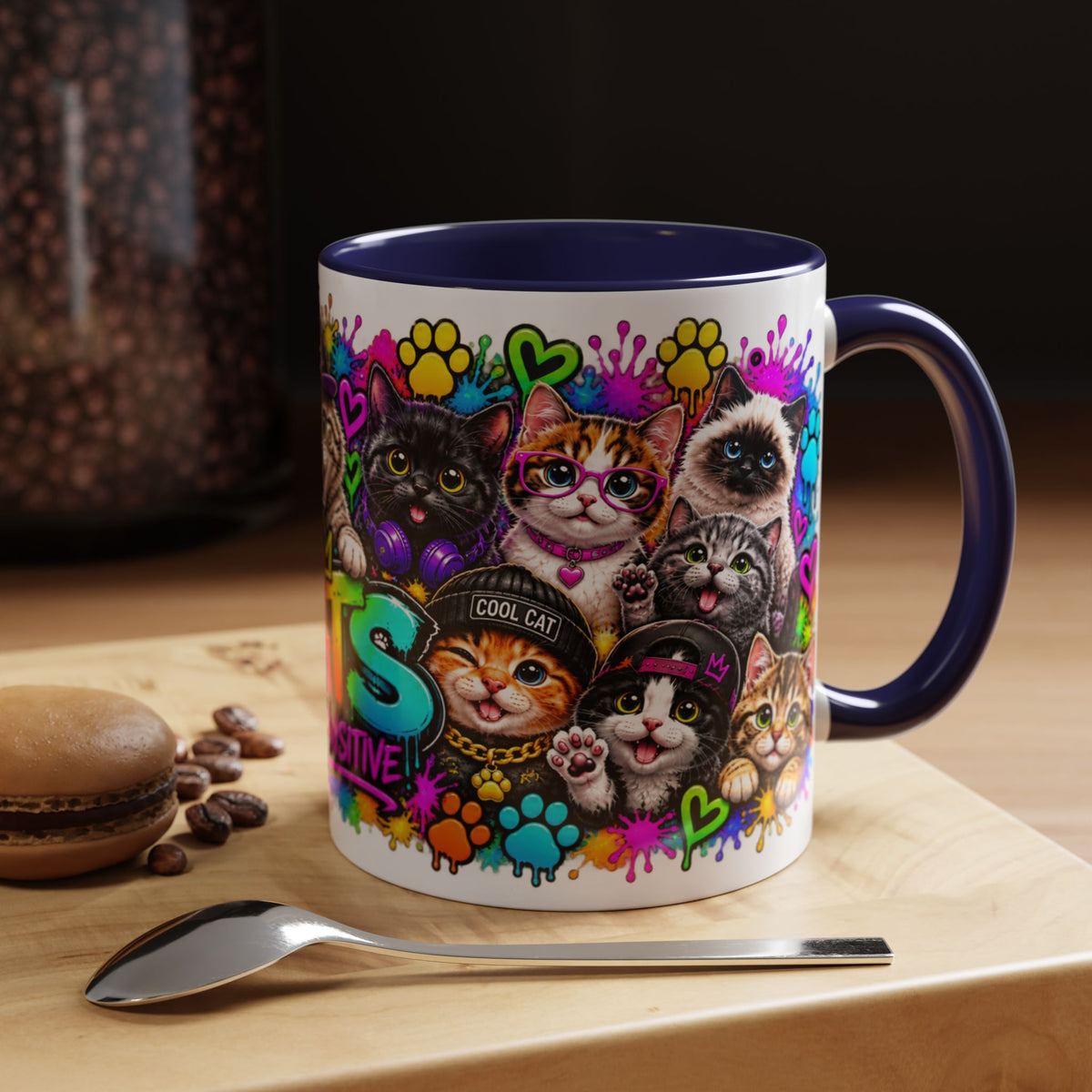 Cats Stay Pawsitive Accent Coffee Mug – Colorful Cute Cat Paw Print Design (11oz)