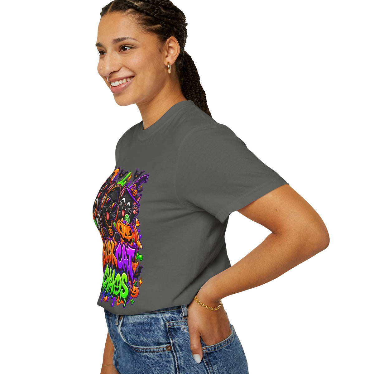 Neon Black Cat Halloween Chaos T-Shirt | Cute Spooky Cat Graphic Tee
