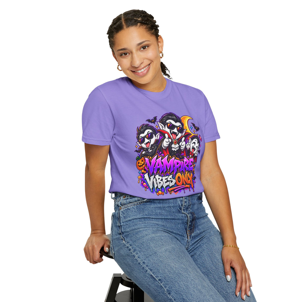 Neon Vampire Vibes Halloween Unisex Garment-Dyed T-Shirt Featuring a Cool Festora Vampire Crew