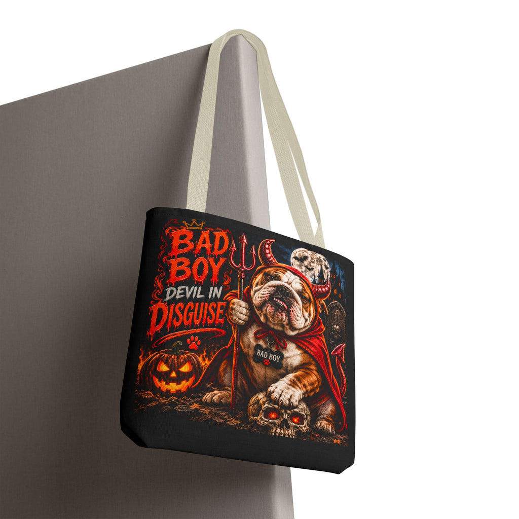 Halloween Bulldog Tote Bag – "Bad Boy Devil in Disguise" Gothic Pumpkin Skull Design
