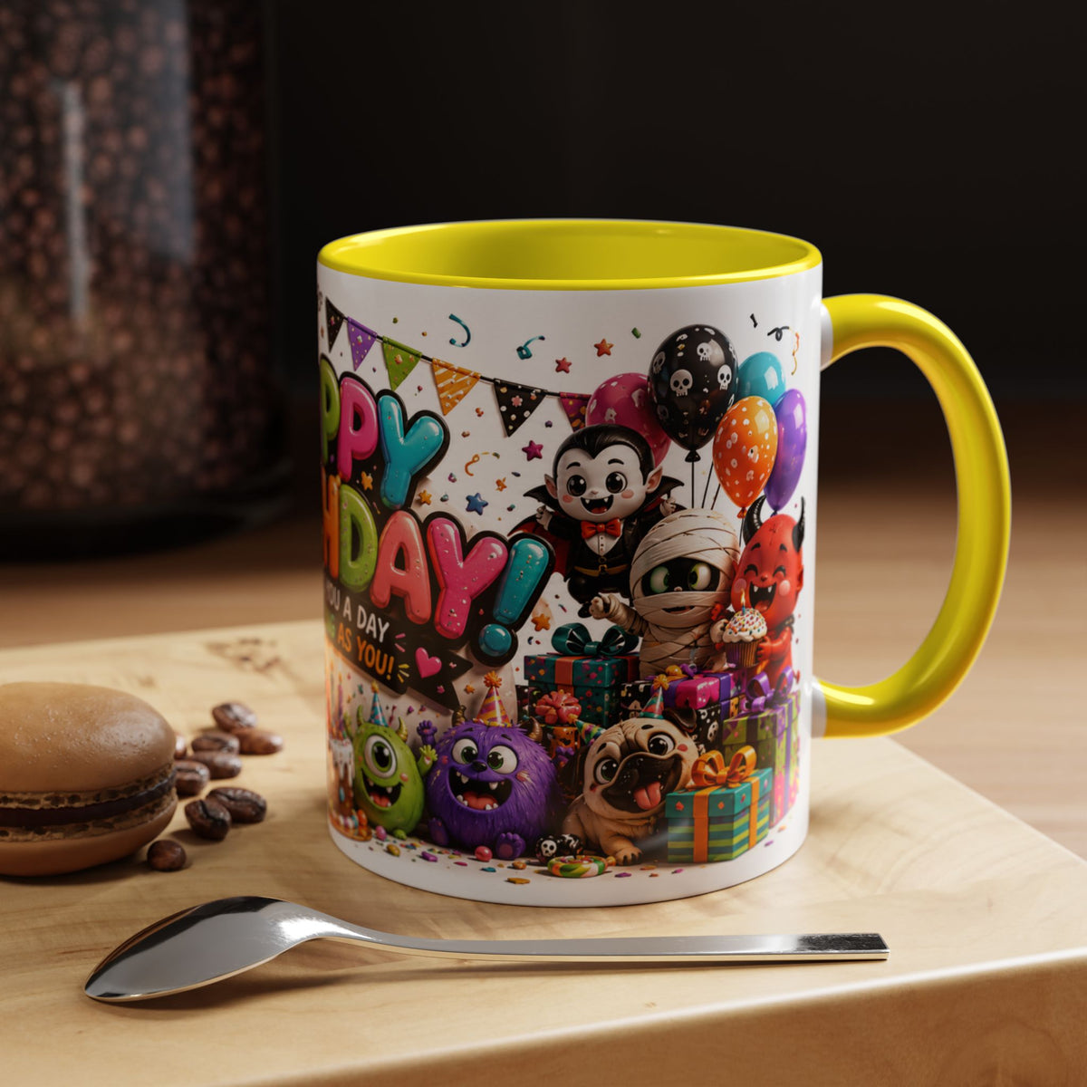 Happy Birthday Accent Coffee Mug — Colorful 3D Birthday Party Design (11/15oz)
