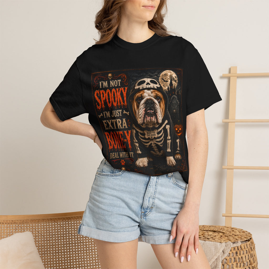 Halloween Bulldog T-Shirt – "I'm Not Spooky I'm Just Extra Boney" Skeleton Dog Tee