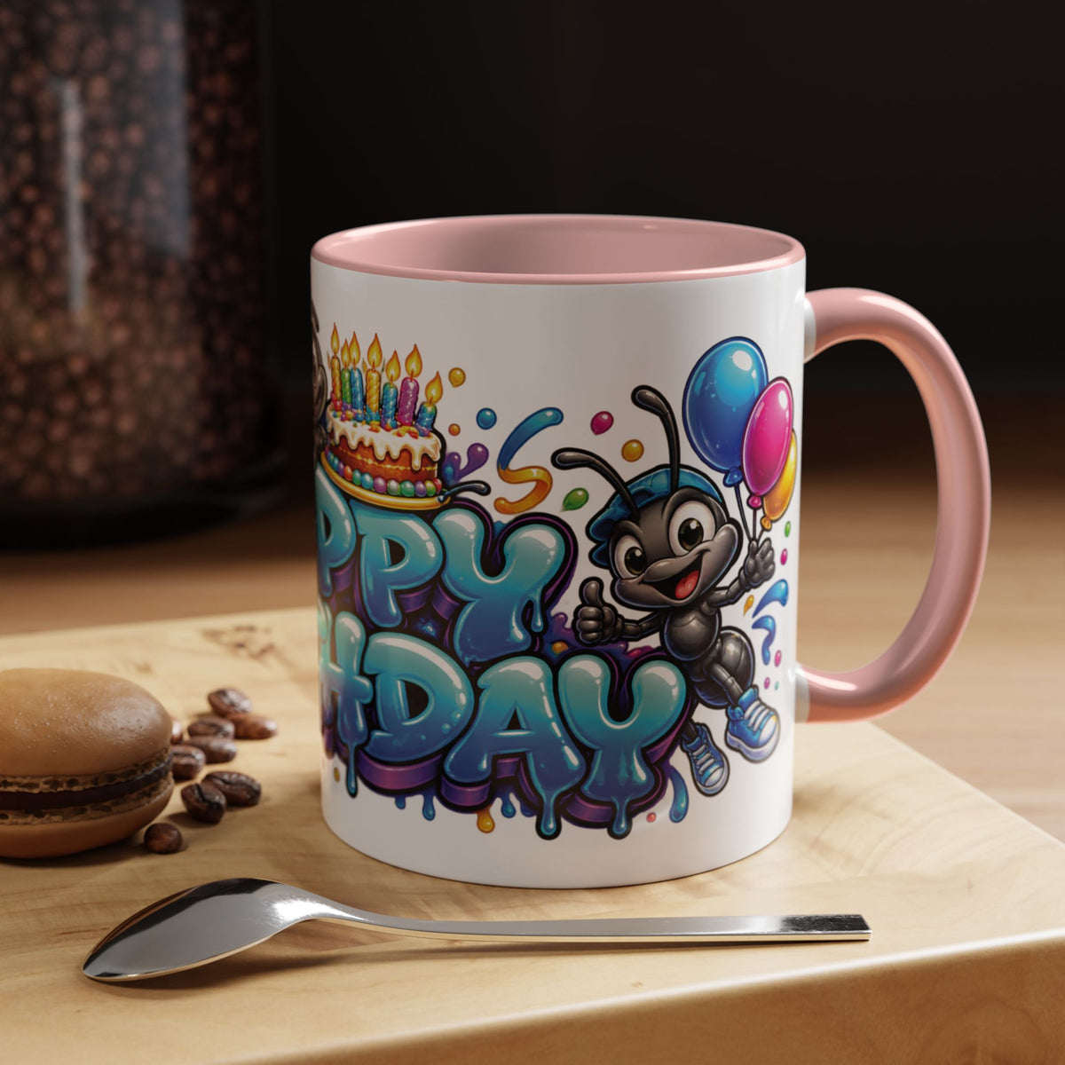 Happy Birthday Cartoon Mug – Graffiti Ants, Birthday Cake, Balloons & Confetti Coffee Cup