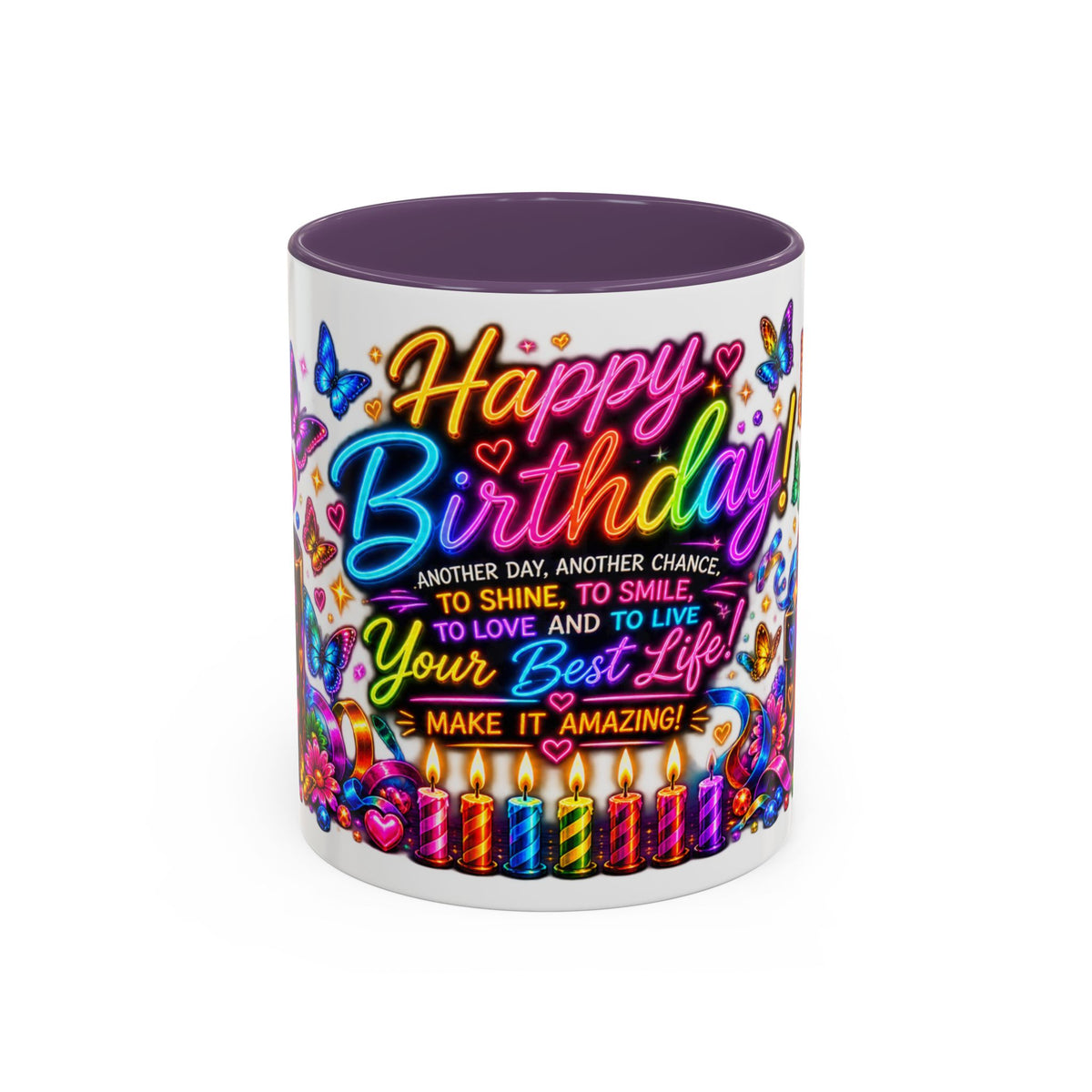 Birthday Coffee Mug – Colorful "Happy Birthday" Gift Mug with Butterflies & Candles