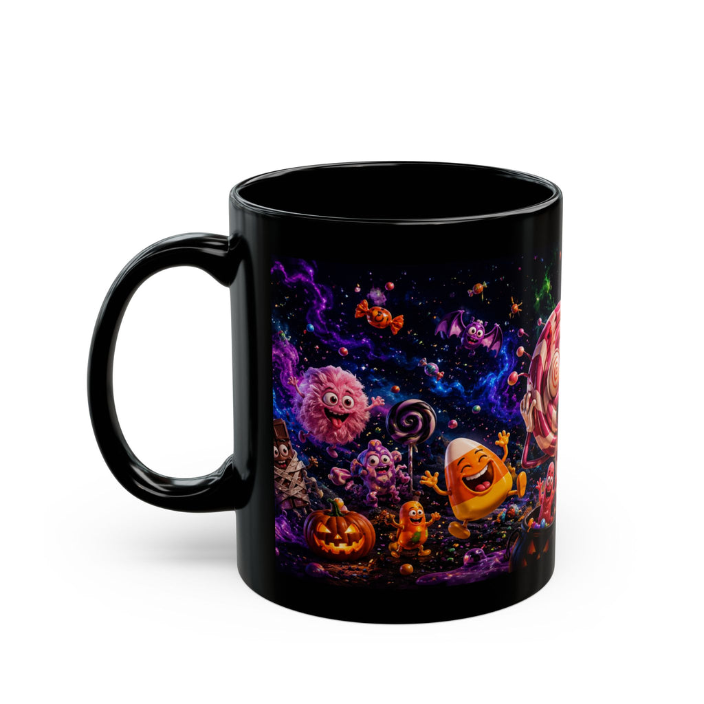 Spooky Candy Monsters Black Mug — Cute Moonlit Halloween Candy Moon Coffee Cup (11oz/15oz)