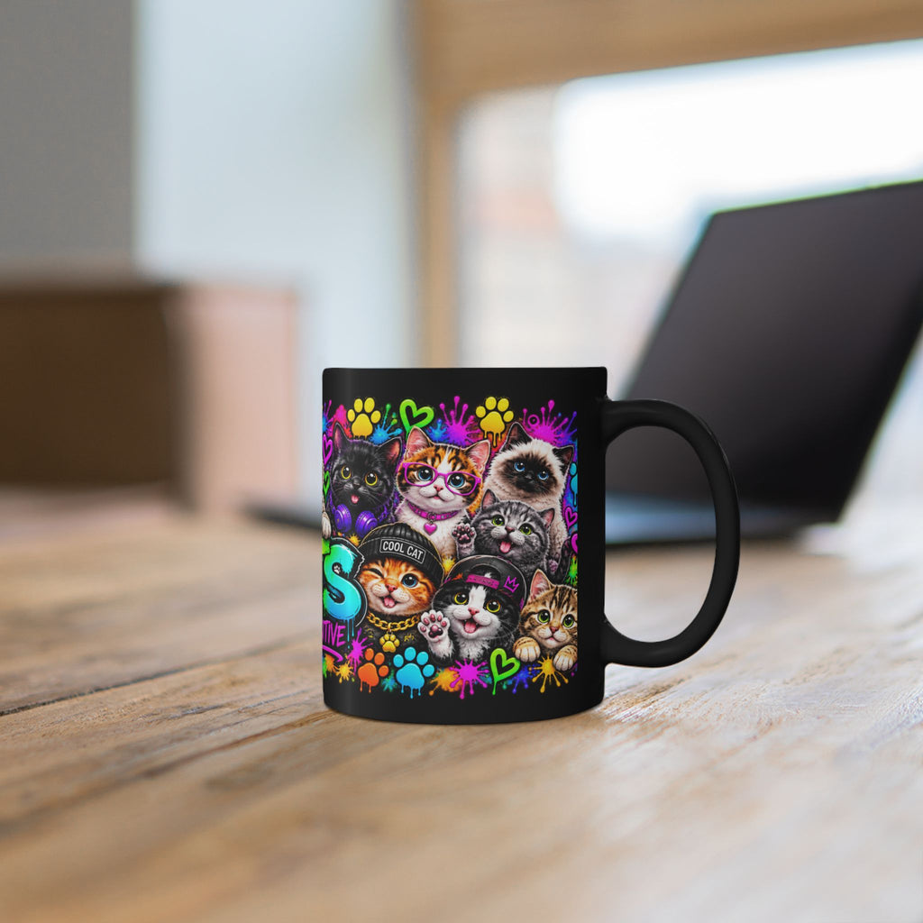 Cats Stay Pawsitive Black Mug – Colorful Cute Cat Coffee Cup (11oz)
