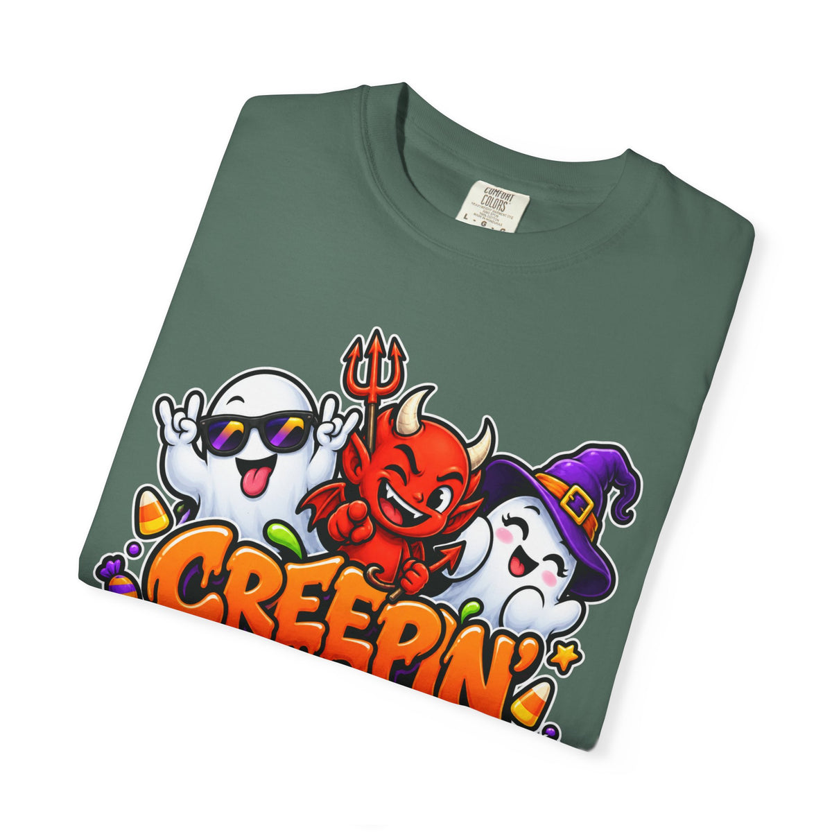 Creepin’ With My Crew Halloween T-Shirt – Colorful Funny Ghost & Devil Graphic Tee