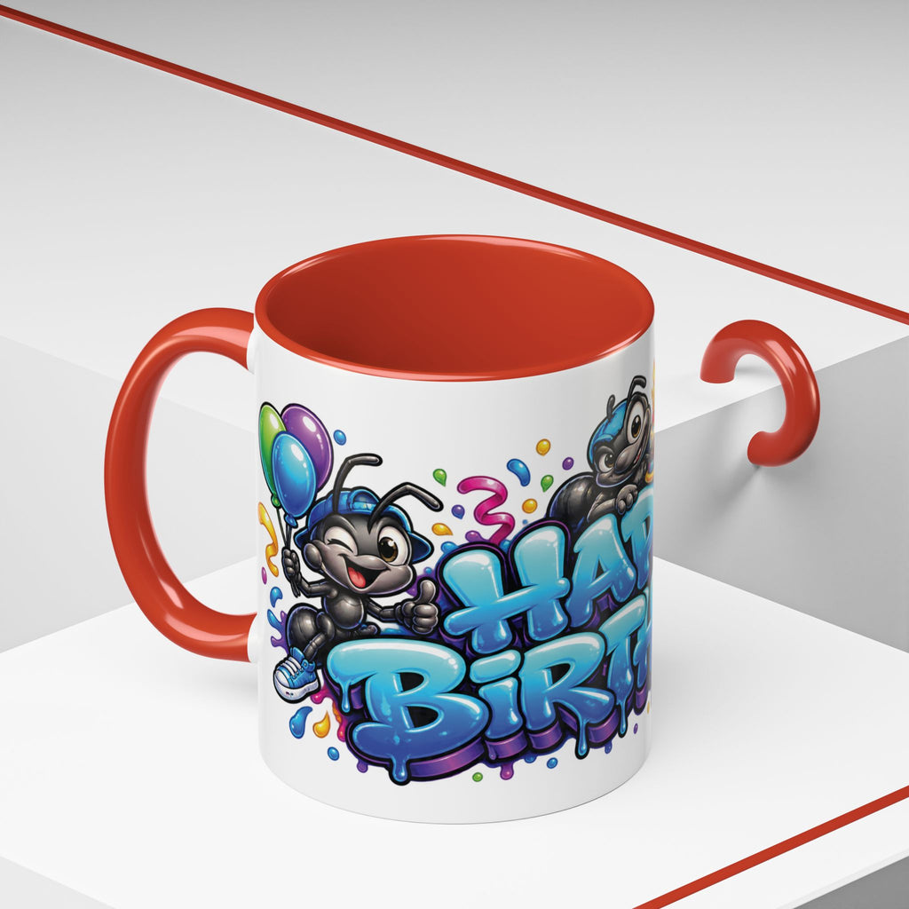 Happy Birthday Cartoon Mug – Graffiti Ants, Birthday Cake, Balloons & Confetti Coffee Cup