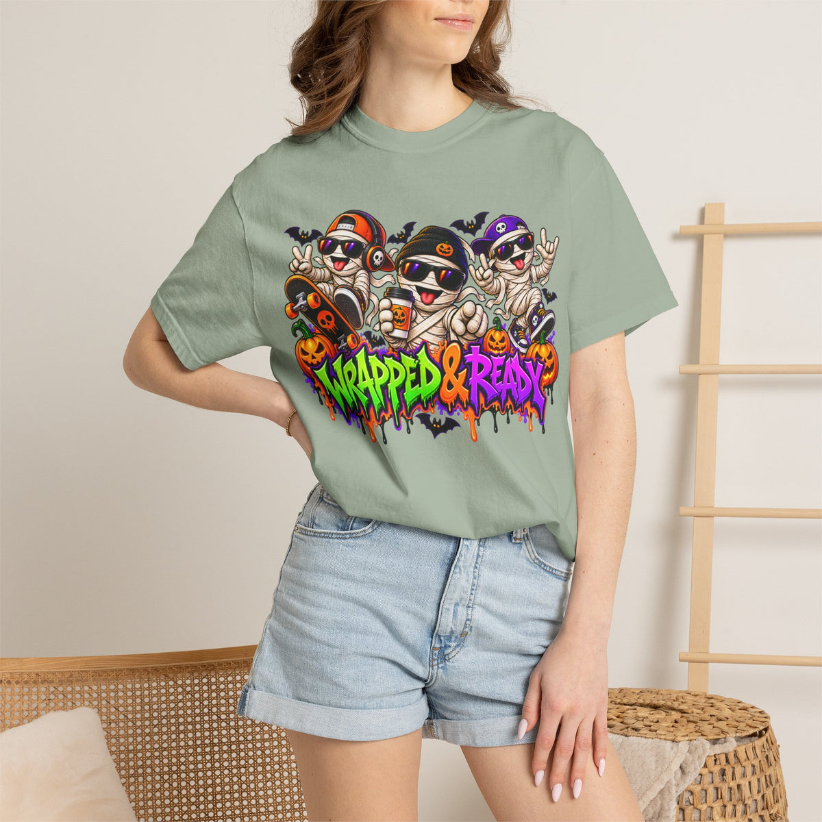 Wrapped & Ready – Halloween Mummy Crew Graphic T-Shirt