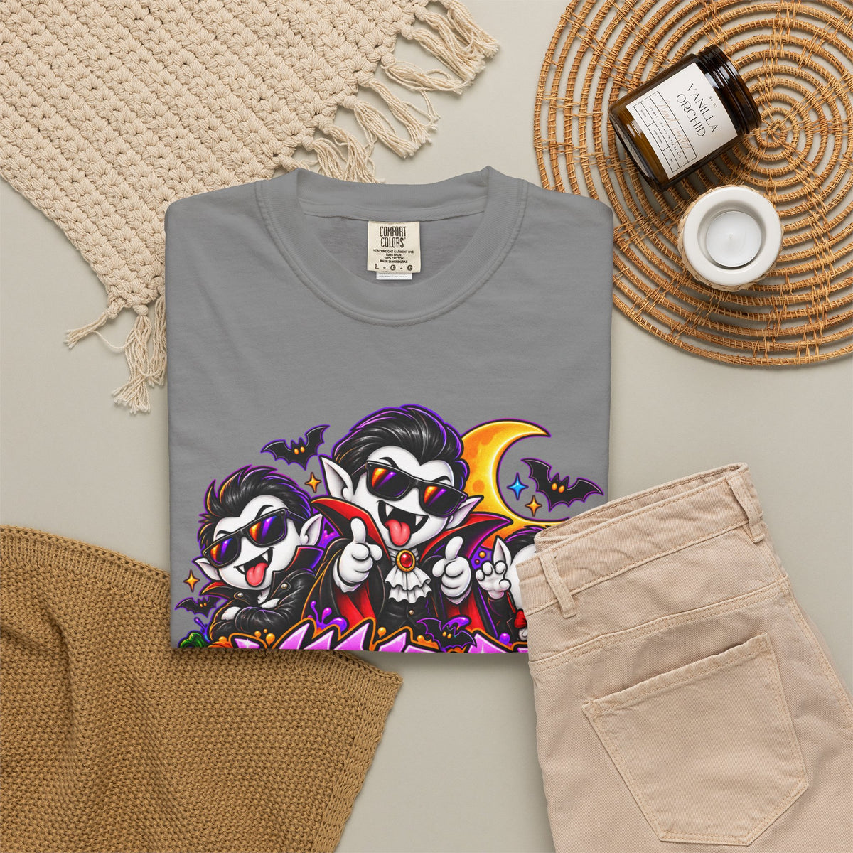 Neon Vampire Vibes Halloween Unisex Garment-Dyed T-Shirt Featuring a Cool Festora Vampire Crew