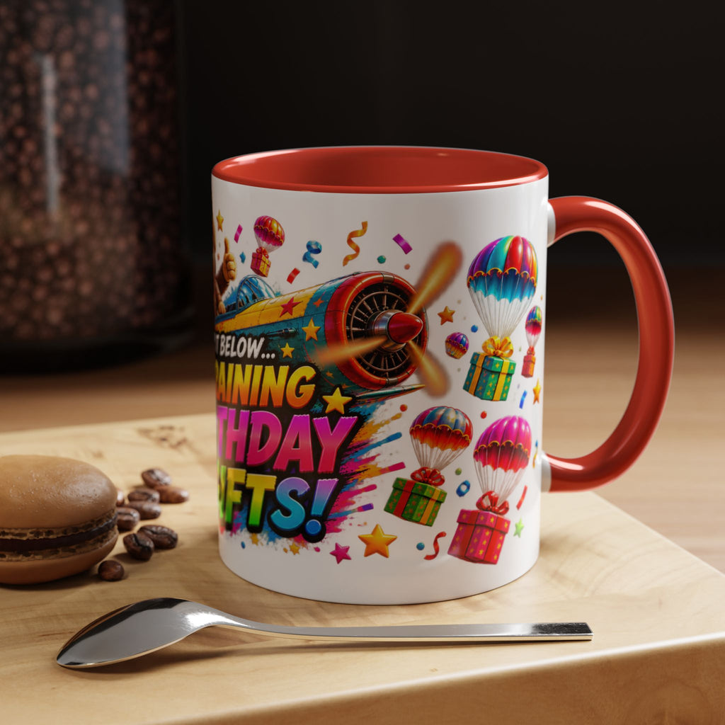 Birthday Gifts Coffee Mug — "It's Raining Birthday Gifts!" Colorful Accent Mug
