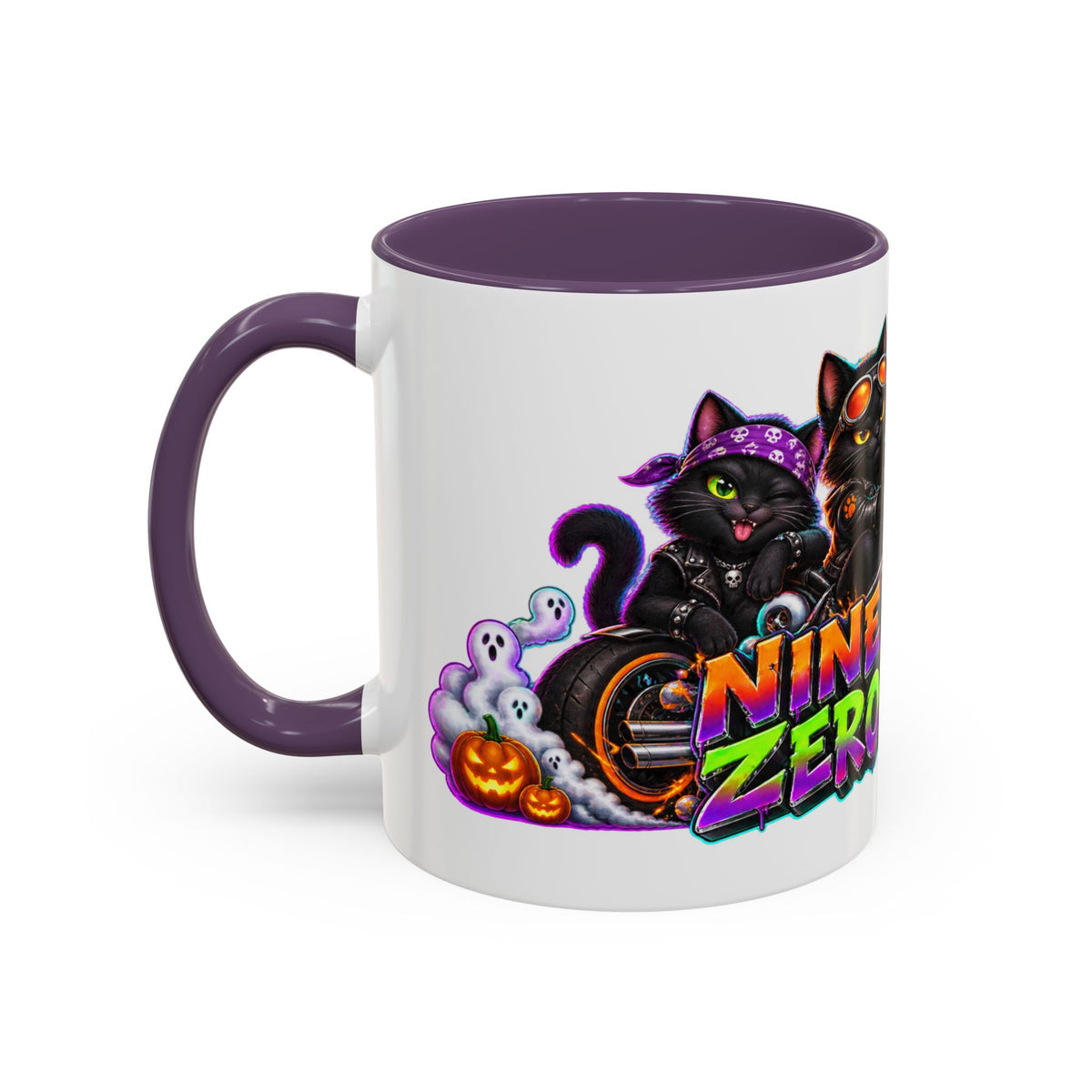 Nine Lives Zero Rules Biker Cats Halloween White Mug
