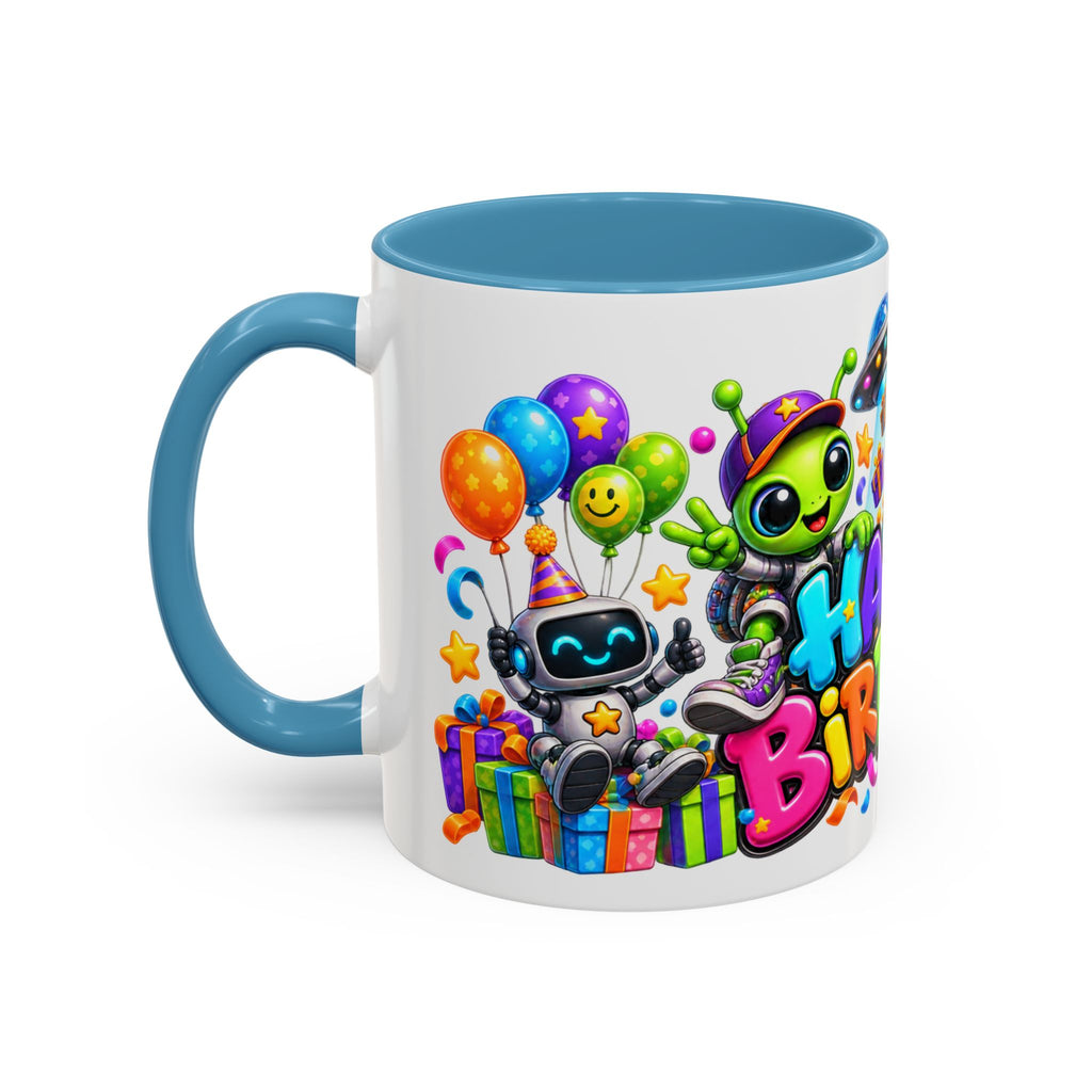Happy Birthday Space Party Mug – Cute Aliens, Robots, UFO & Colorful 3D Birthday Design