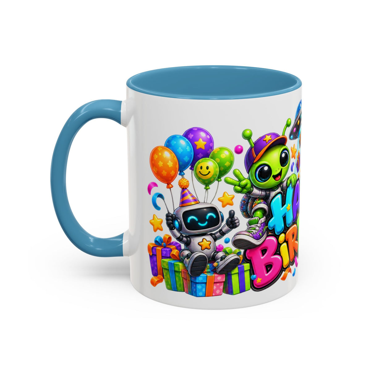 Happy Birthday Space Party Mug – Cute Aliens, Robots, UFO & Colorful 3D Birthday Design