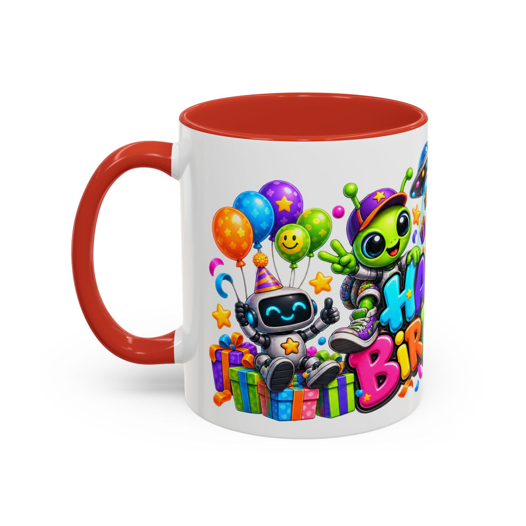 Happy Birthday Space Party Mug – Cute Aliens, Robots, UFO & Colorful 3D Birthday Design