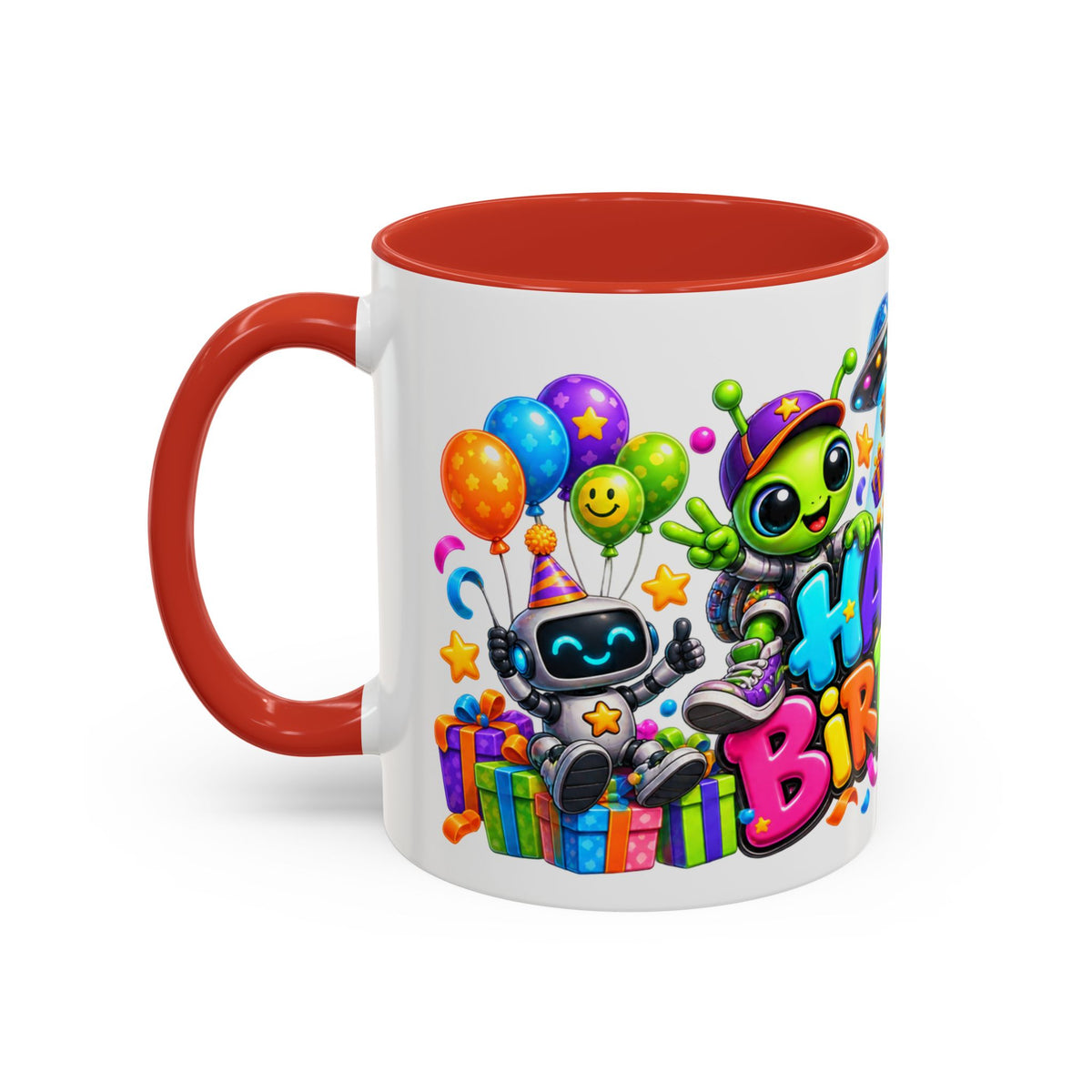 Happy Birthday Space Party Mug – Cute Aliens, Robots, UFO & Colorful 3D Birthday Design