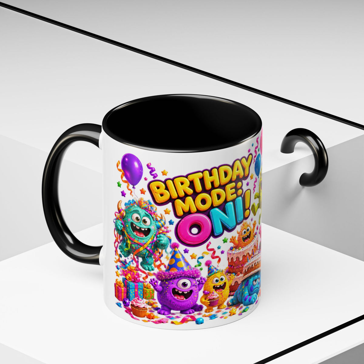 Birthday Mode On Monsters Coffee Mug — Colorful Party Coffee Cup (11/15oz)