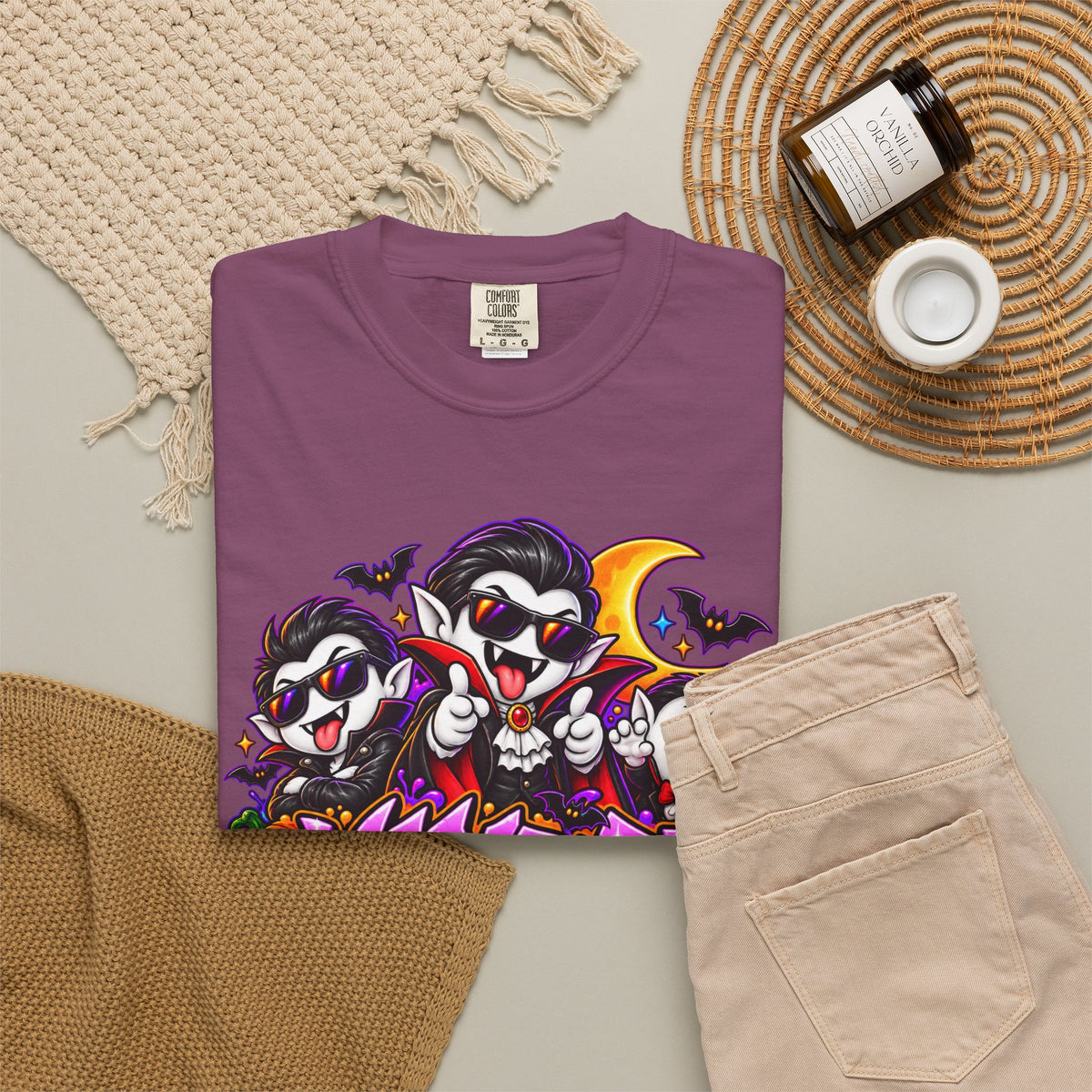 Neon Vampire Vibes Halloween Unisex Garment-Dyed T-Shirt Featuring a Cool Festora Vampire Crew