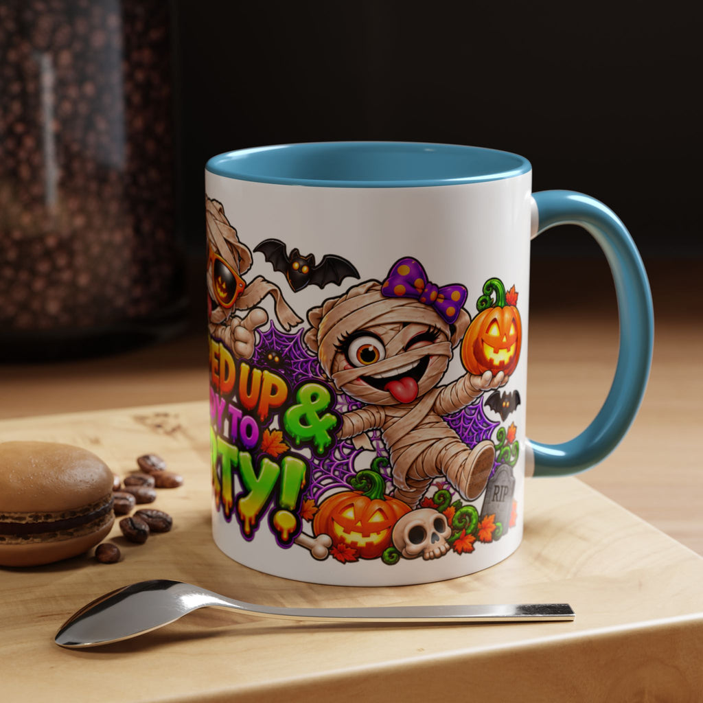 Wrapped Up & Ready to Party White Mug – Funny Mummies & Spooky Party Design
