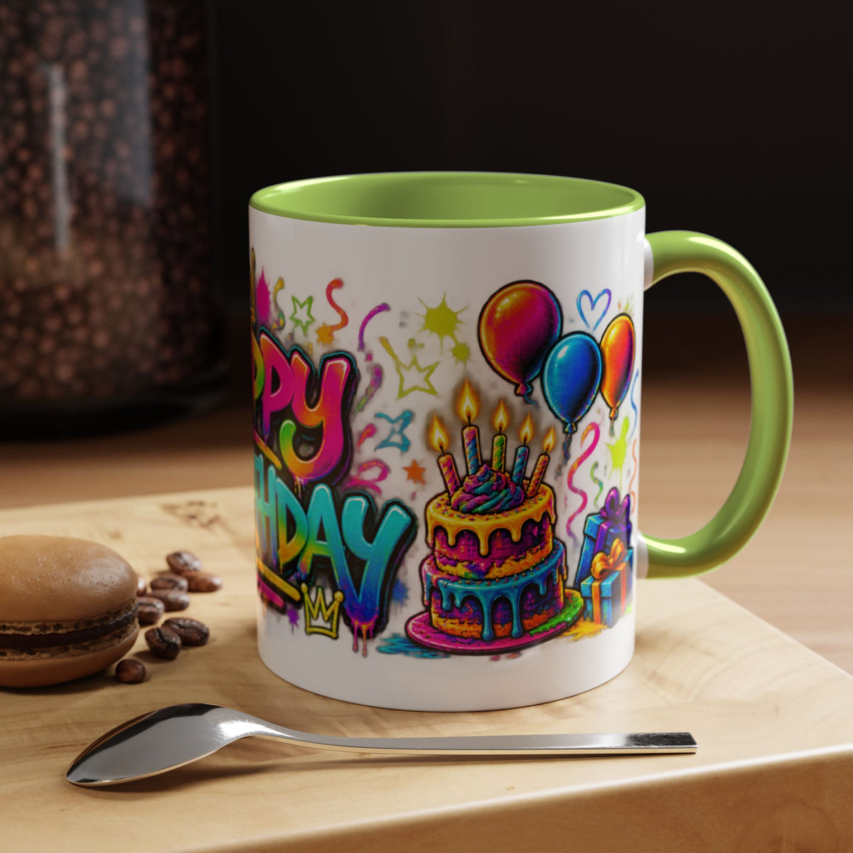 Happy Birthday Accent Coffee Mug – Colorful Graffiti Cake & Balloons (11/15oz)