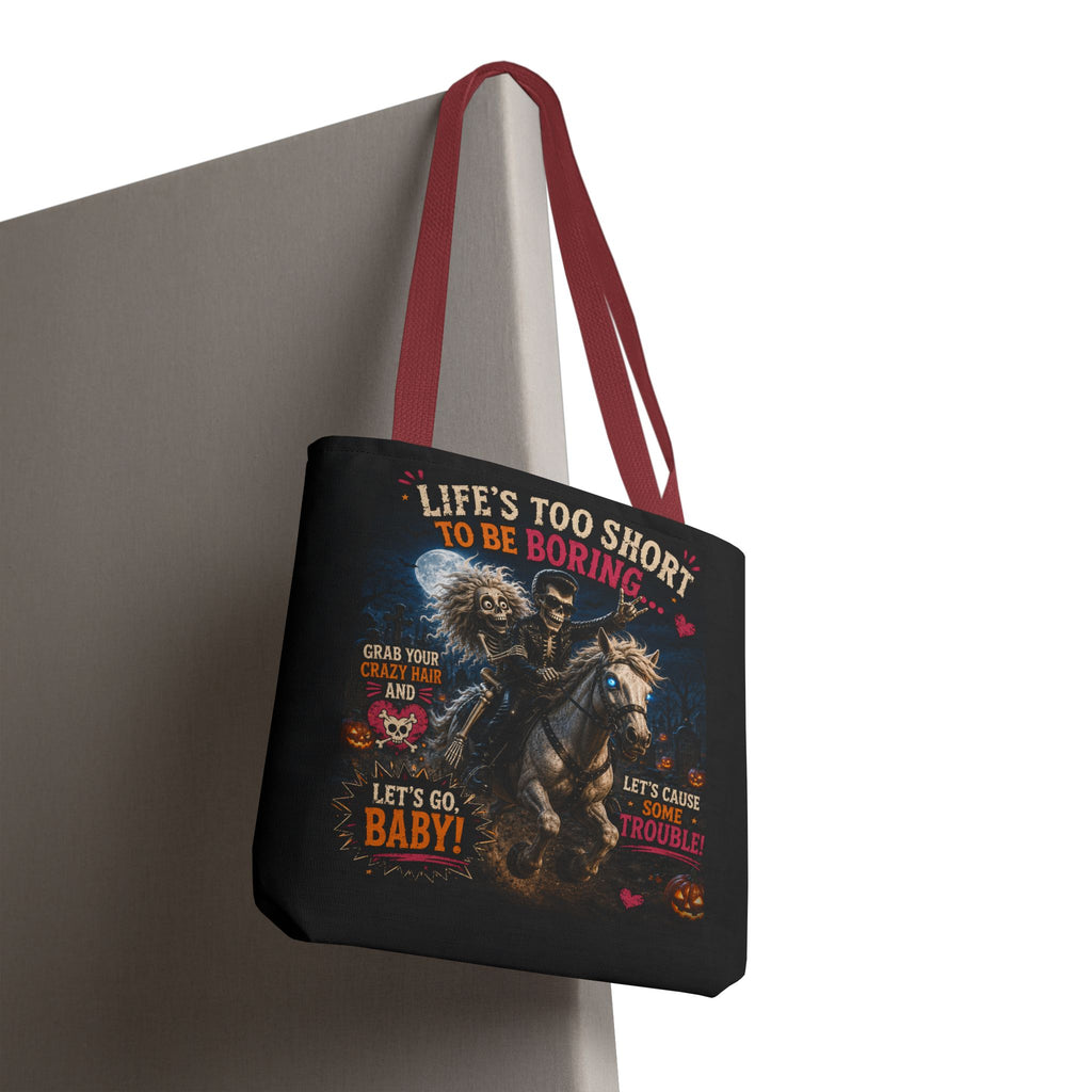 Life’s Too Short To Be Boring Tote Bag — Gothic Skeleton Rider Halloween Tote