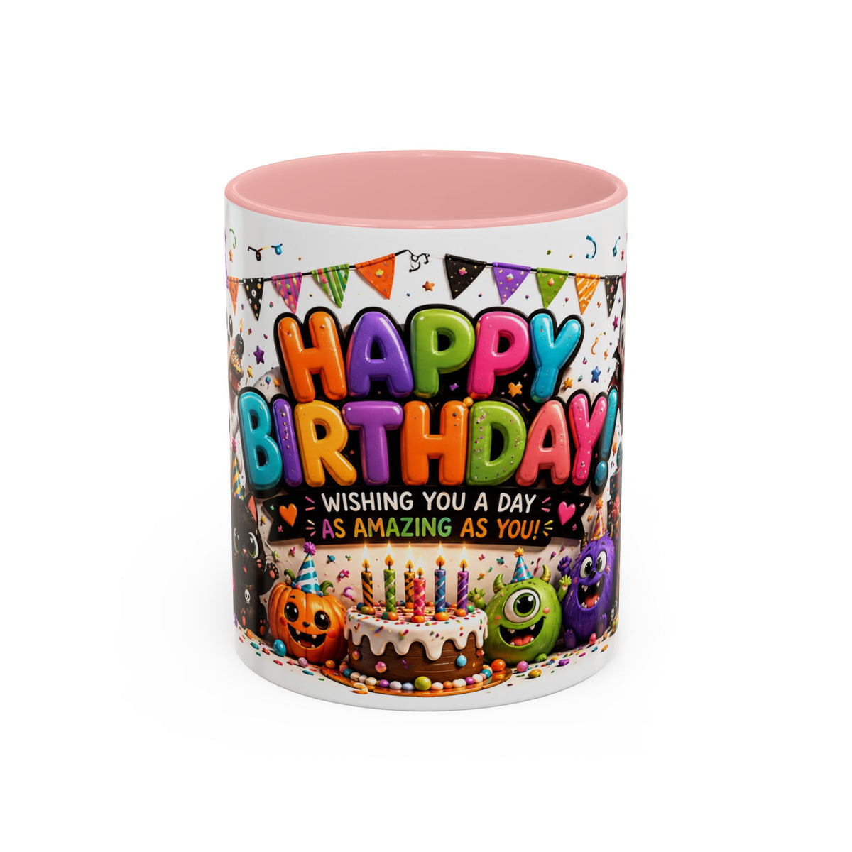 Happy Birthday Accent Coffee Mug — Colorful 3D Birthday Party Design (11/15oz)