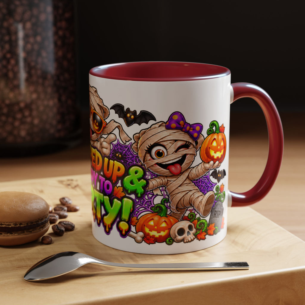 Wrapped Up & Ready to Party White Mug – Funny Mummies & Spooky Party Design
