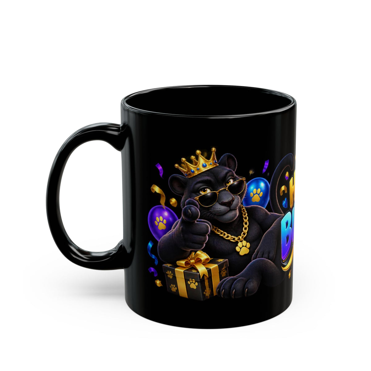 Cool Black Panther Happy Birthday Mug – Purple Blue & Gold Birthday Design – FestoraShop Black Coffee Mug