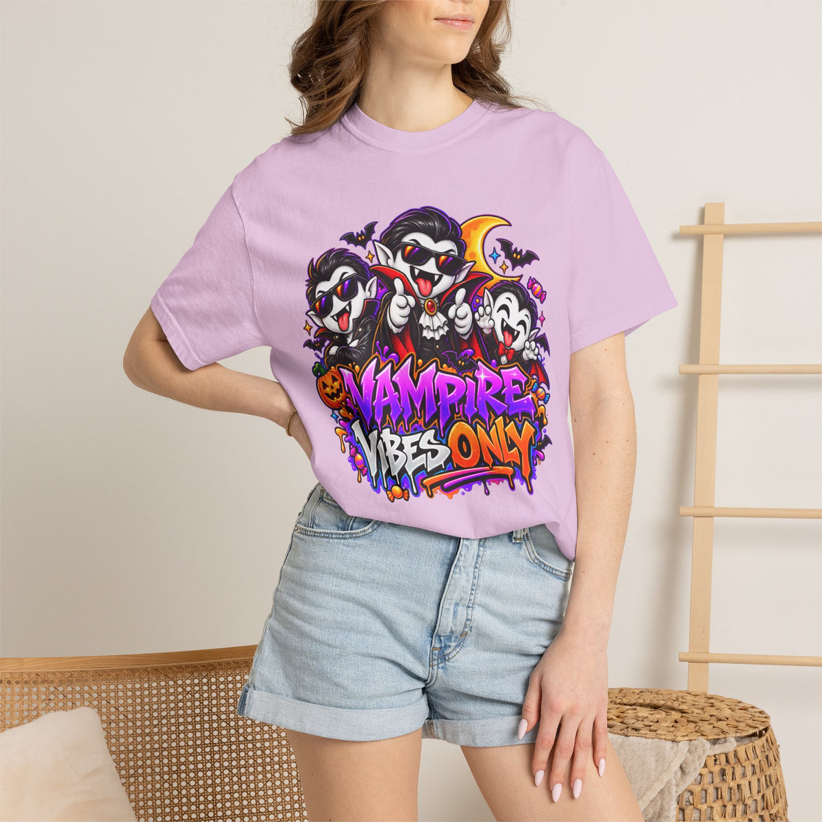 Neon Vampire Vibes Halloween Unisex Garment-Dyed T-Shirt Featuring a Cool Festora Vampire Crew