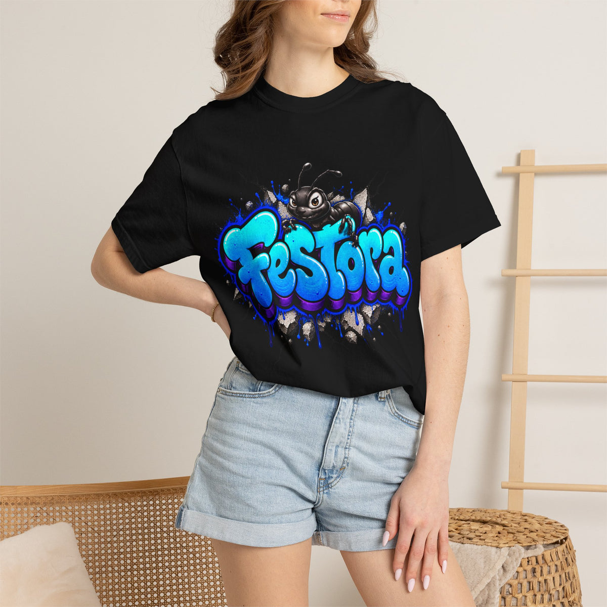 Festora Graffiti T-Shirt — Neon Blue Street Art Logo Tee